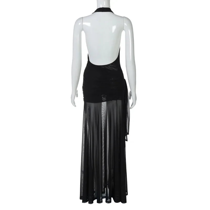 Aiertu  -  Women Sexy See Through Mesh Backless Halter Maxi Dress Deep V-neck Sleeveless Lace Up Ribbon Ruched Bodycon Club Party Long Robe Aiertu