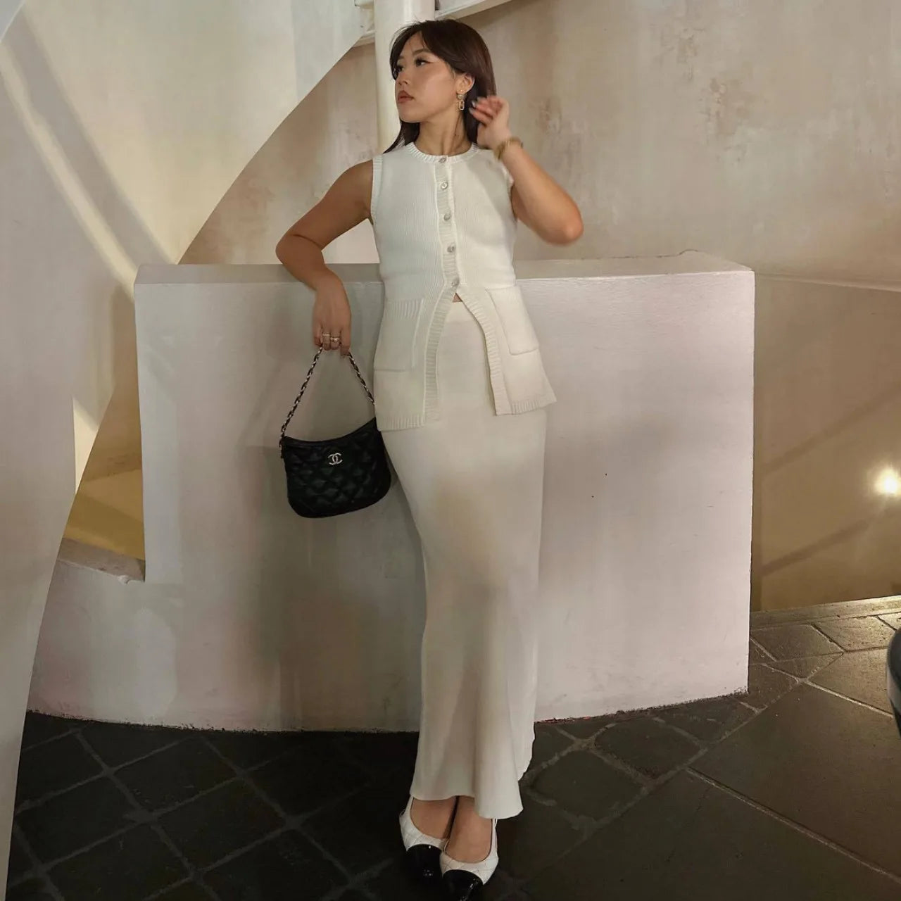 Aiertu  -  Summer Fashion Knitted Skirt Suit Sleeveless Vest Pocket Slit High Waist Long Skirt Elegant White Ribbed Knitwear Outfits Aiertu
