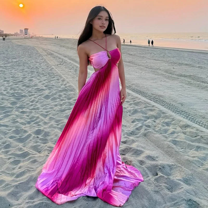 Aiertu  -  Rainbow Halter Pleated Suspender Large Swing Women Dress Summer Beach Backless Slim Dresses 2025 Summer Vacation Chic Lady Robe Aiertu