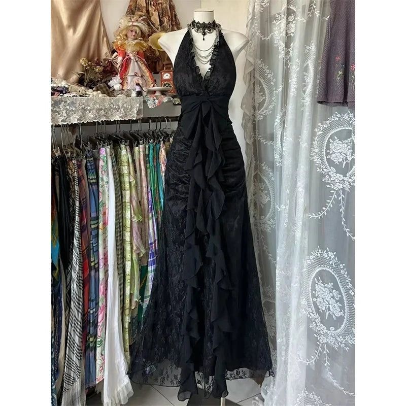 Aiertu  -  Y2K Black Lace Midi Dress Women Party Sexy Halter Ruffles Dresses Summer Vintage Korean V Neck Backless Bodycon Vestidos Aiertu