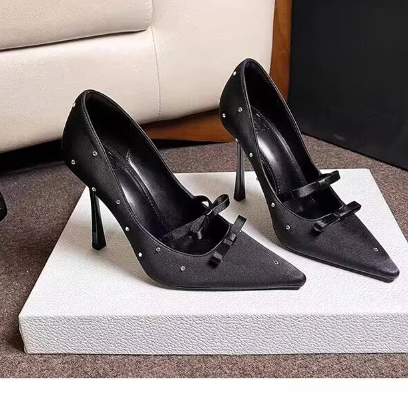 Aiertu    -  New Thin Heel Shallow Mouth Single Shoes Banquet Fashion Bow Pointed Water Diamond Silk High Heels Aiertu