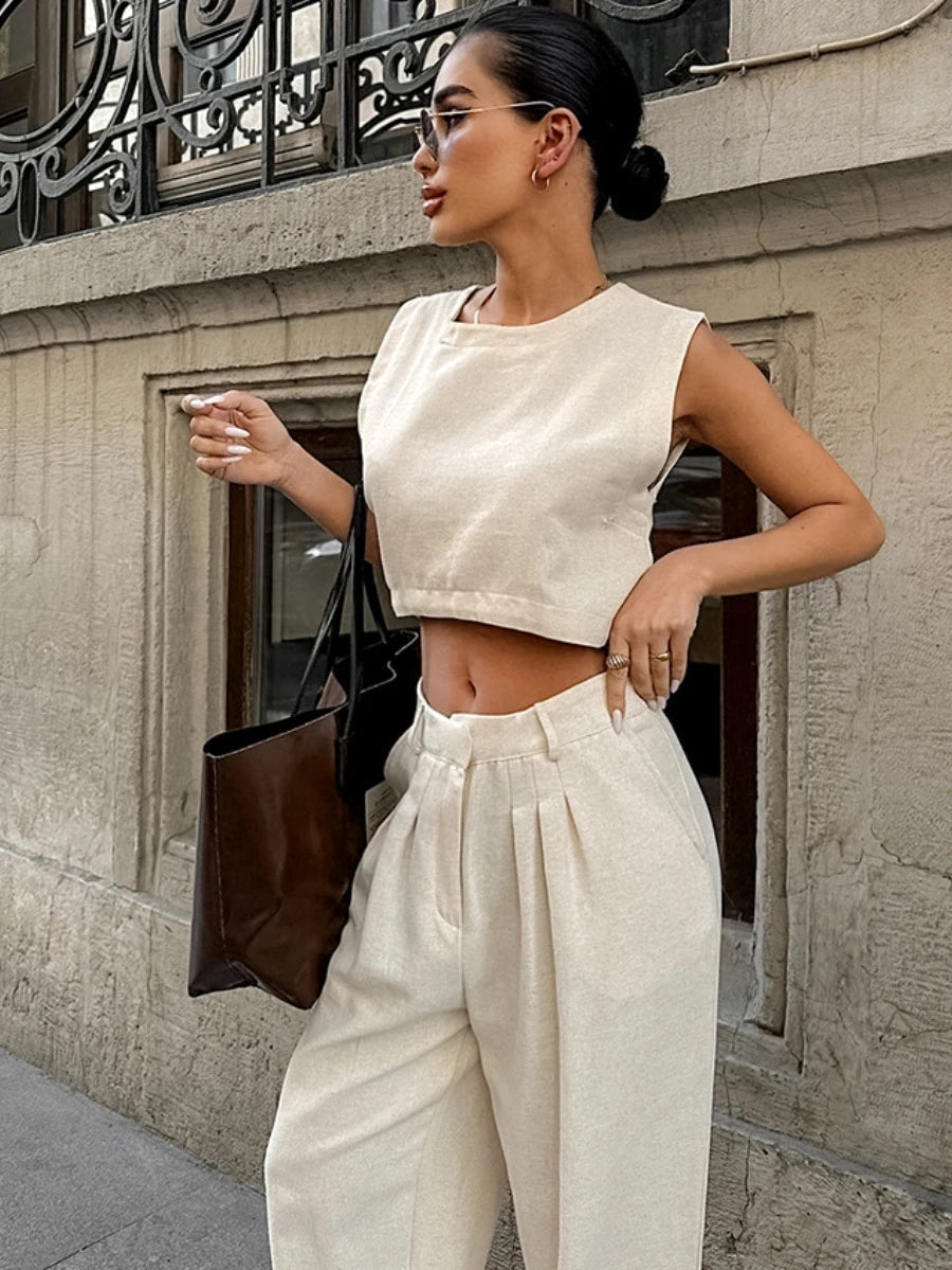 Aiertu  -  Summer Womem Fashion Round Neck Sleeveless Top Pants Suit Two-Piece Set Office Ladies Chic Pants Suits Womens Outfits Aiertu