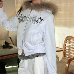 Aiertu  -  casual winter outfits Y2K Furry Hoodies Women Fashion Star Rhinestone Bow Patchwork Zipper Jacket Harajuku Grunge Hooded Coat Korean Girl Aiertu
