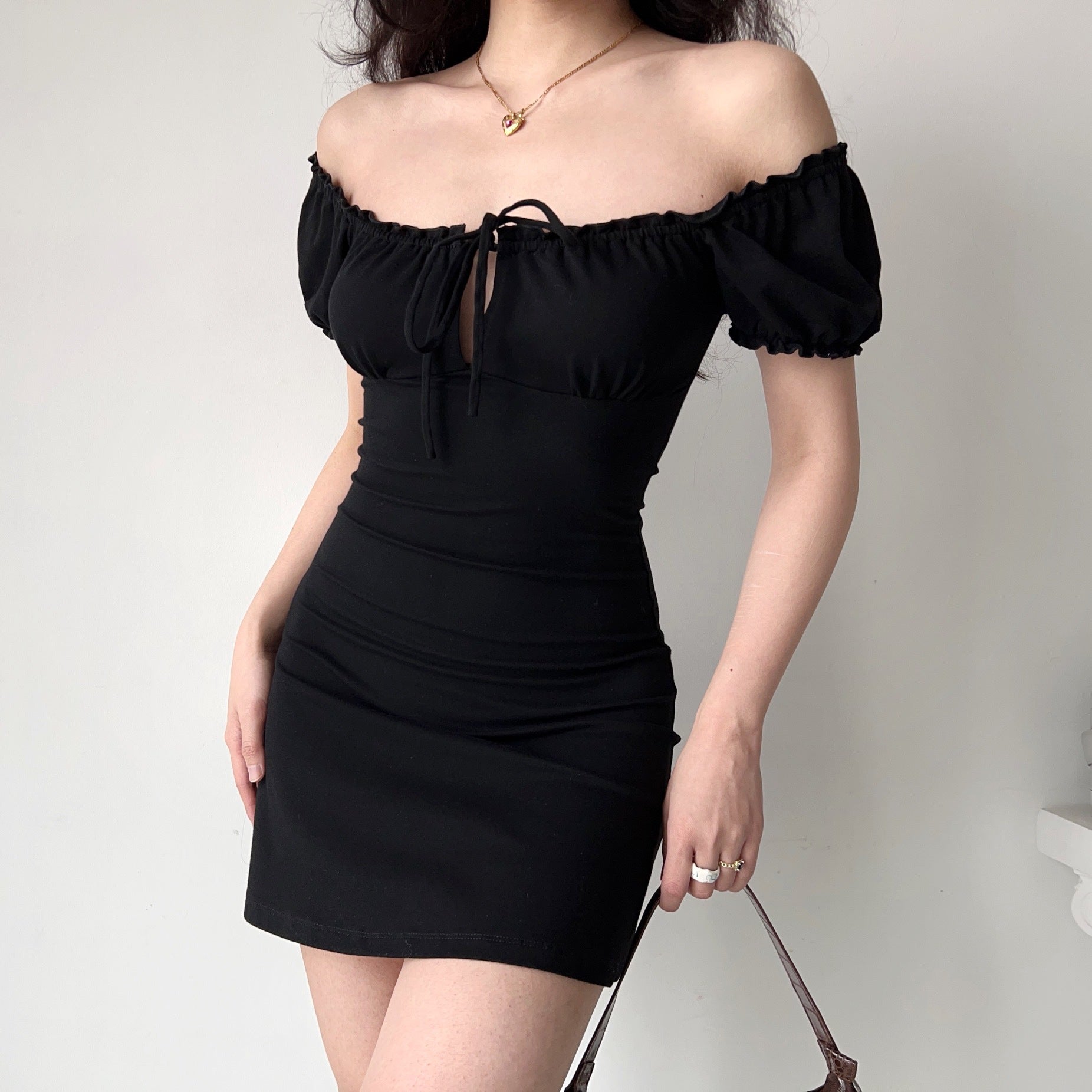 Aiertu - Tie Front Puff Sleeve Black Mini Dress Aiertu