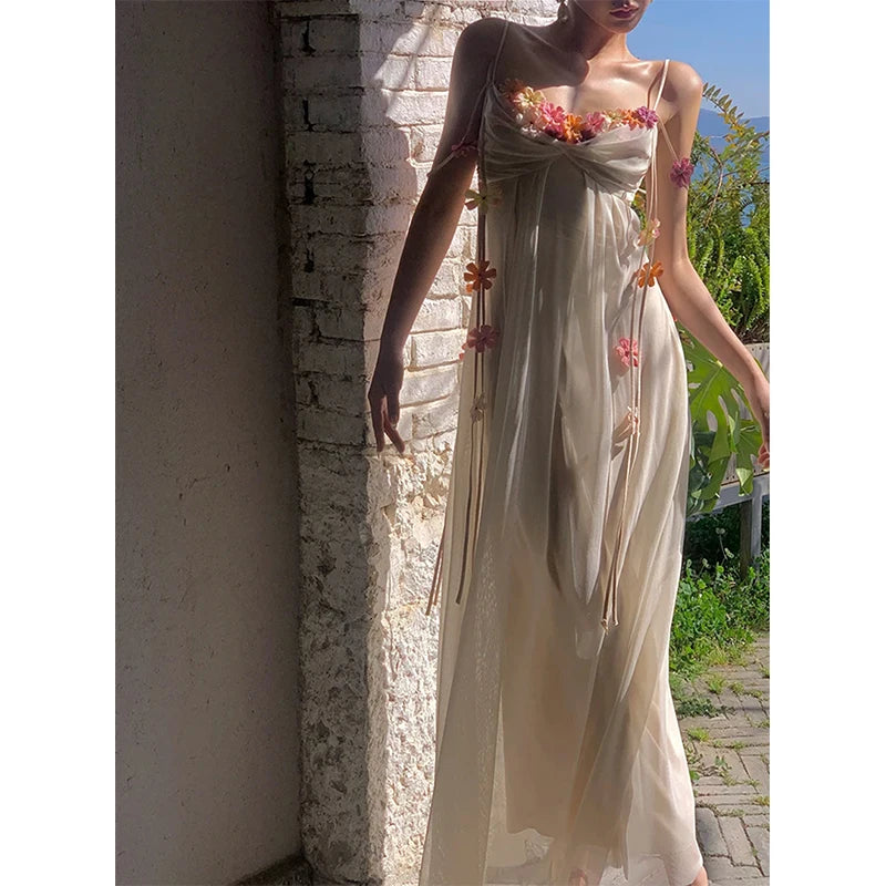Aiertu  -  Fairy Long Dress Women Boho Vacation Floral Spaghetti Straps Maxi Dresses Summer Fashion Korean Elegant Beach Vestidos New Aiertu