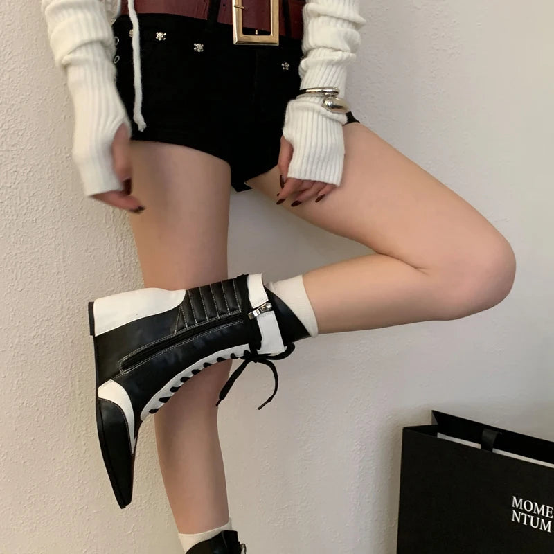 Aiertu    -  Black And White Boots Women Pointed Toe Lace Up Sports Style Wedges Shoe Fall Mid-calf Boots Comfort High Heels New Arrivals Aiertu