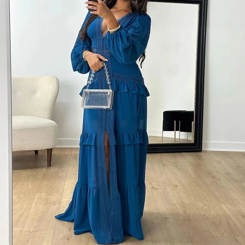 Aiertu  -  Elegant Lace Deep V-neck Pleated Long Dress Women's Casual Long Sleeve Solid Party Dress Fahsion Hight Waist Slim Evening Dress Aiertu