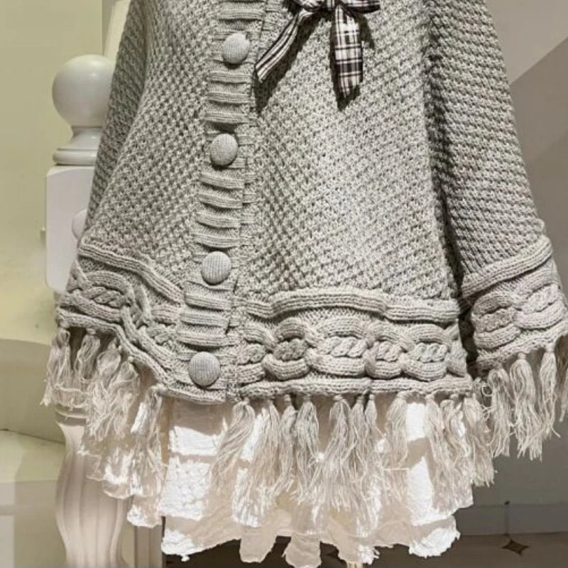 Aiertu  -  Women Preppy Style Two Pieces Set Y2K Aesthetic Bow Casual Knitted Tassels Hooded Grunge Fairy Lace Patchwork Short Skirts Suit Aiertu