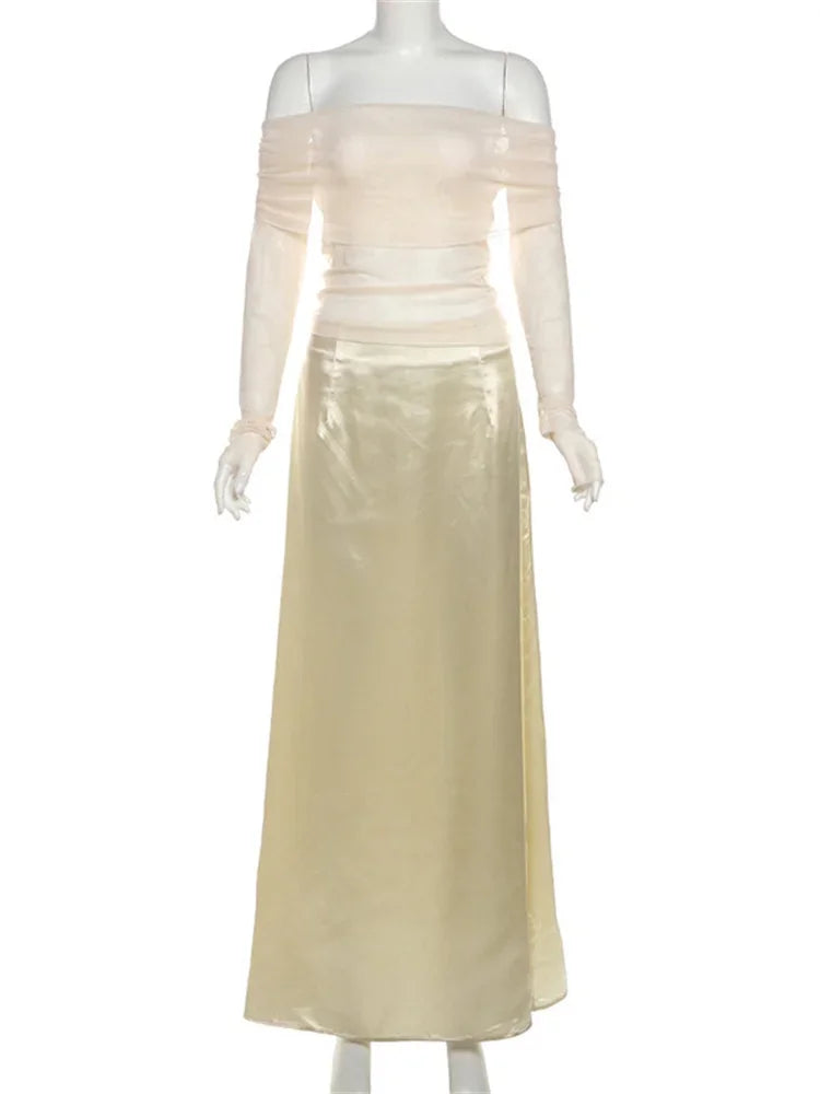 Aiertu  -   Mesh Sexy 2 Piece-Set Long Skirt For Women See-Through Long Sleeve Patchwork Slim Backless Outfits Women's Maxi Skirt Sets Aiertu