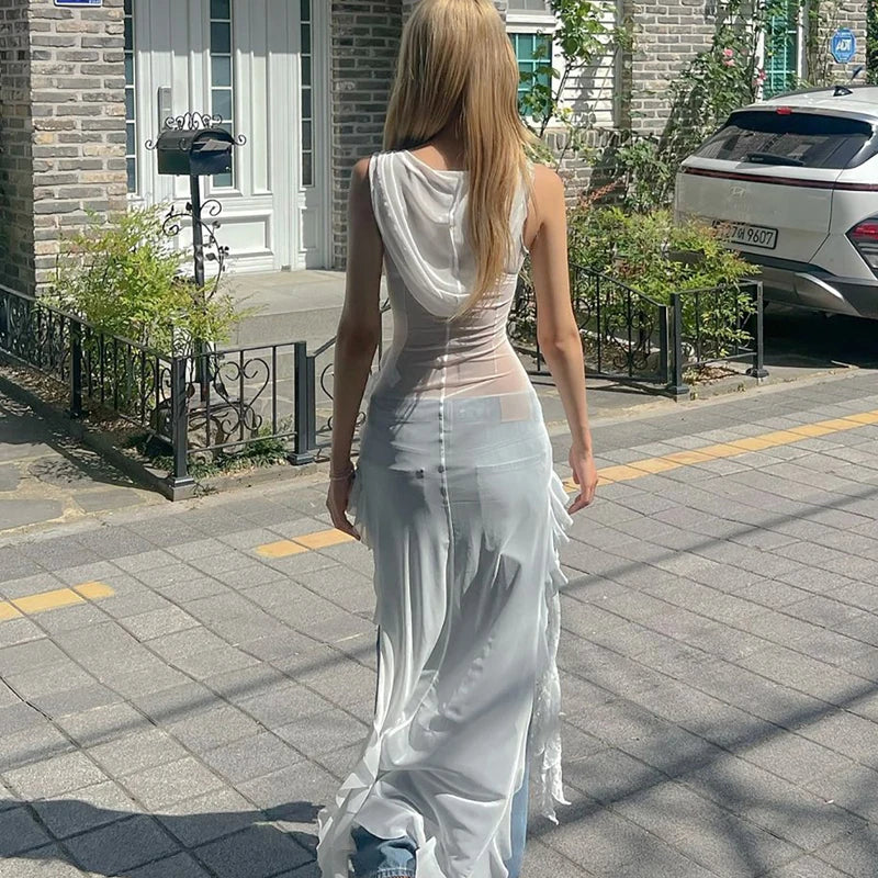 Aiertu  -  Ruffled Mesh Patchwork Lace Hooded Dress For Women Sexy Street Hottie Irregular Solid Color Frill Summer New Long Dress Aiertu