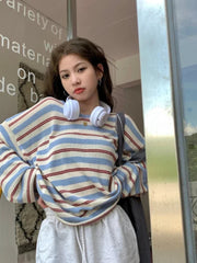 Aiertu  -  Harajuku Striped Knitwear T-Shirt V-neck Long Sleeve Contrast Color Tee Oversized Streetwear Korean Style Spring Clothes Aiertu