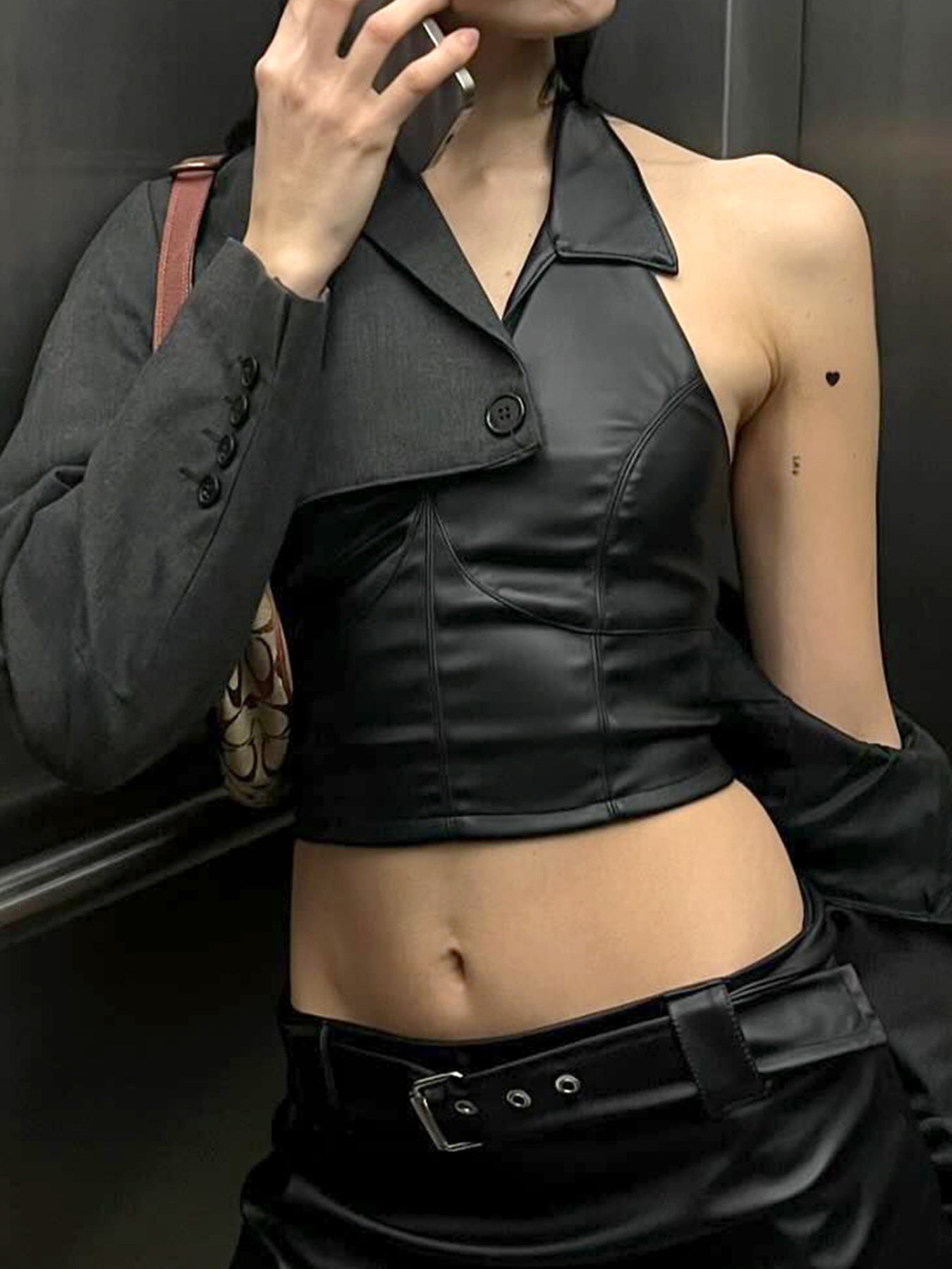 Aiertu - summer inspo Hot Sexy Gyaru Slim Fit Leather Short Tops Women Halter Up Turn Down Collar Fashion Trendy Backless Design Tanks Aiertu