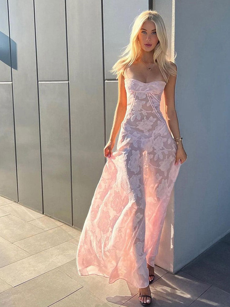 Aiertu  -  Elegant Print Floral Sling Maxi Dresses Women's Backless Square Neck Gown 2025 Summer Beach Vacation Sleeveless High Waist Dress Aiertu