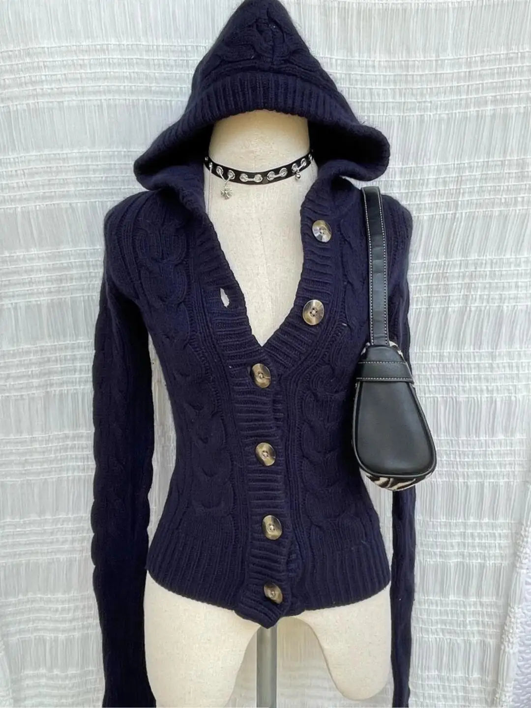 Aiertu  -  Fashion Dark Blue Hooded Knitted Cardigan Sweater Women's Casual Versatile Retro Harajuku Simple Top Y2K Cropped Cardigan Aiertu