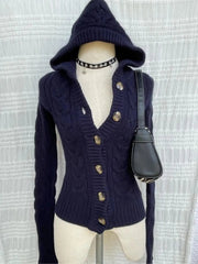 Aiertu  -  Fashion Dark Blue Hooded Knitted Cardigan Sweater Women's Casual Versatile Retro Harajuku Simple Top Y2K Cropped Cardigan Aiertu