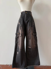 Aiertu  -  American Plus Size Vintage Washed Raw Edge Cargo Jeans Pocket Fashion High Street Straight Loose Fit Wide Leg Mop Long Pants Aiertu