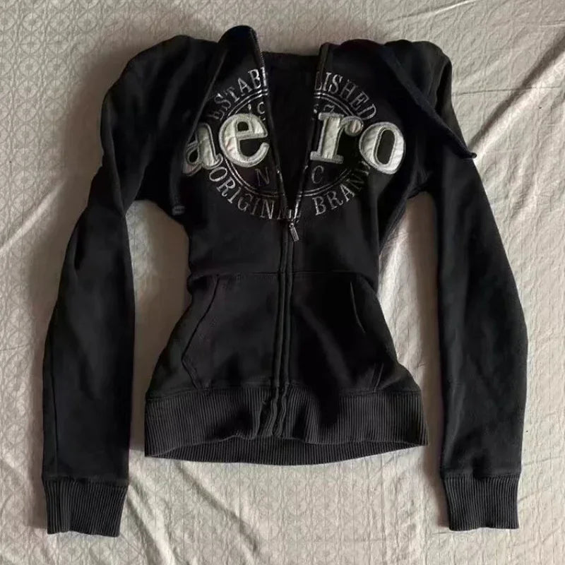Aiertu  -  All Match Black Color Women Autumn Winter Coats Punk Y2k Aesthetic Letter Print Zipper Jackets American High Street Hoodies Aiertu