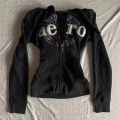 Aiertu  -  All Match Black Color Women Autumn Winter Coats Punk Y2k Aesthetic Letter Print Zipper Jackets American High Street Hoodies Aiertu