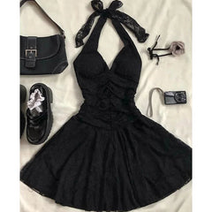 Aiertu  -  Vintage Black Mini Dress Women Party Sexy Halter Lace Dresses Korean Folds Backless Sundress Summer Bodycon Vestidos New Aiertu
