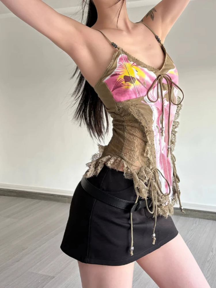 Aiertu  -  Vintage Lace Patchwork Streetwear Tanks Women Printing Slim Fit Bandage Camisole Summer Harajuku Sexy Y2k Aesthetic Tank Top Aiertu