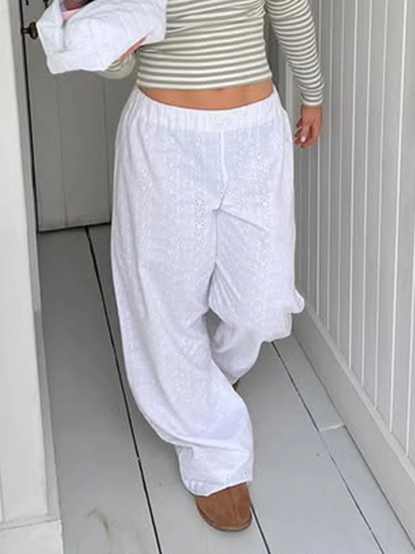 Aiertu  -  Fairycore Hollow Out Knitted Casual Pants White Low Rise Loose Straight Pants y2k Aesthetic Women Holiday Style Trousers Aiertu