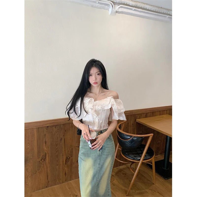 Aiertu Cropped Slash Neck Shirts Women Fashion Black Sexy Off Shoulder Blouses Summer Korean Office Ladies Elegant Slim Crop Tops Aiertu