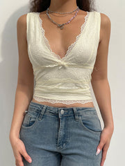 Aiertu - summer inspo Solid Sleeveless Two Layer Lace V Neck Slim Y2K Crop Top Women Cute Basic Summer Vest Aiertu