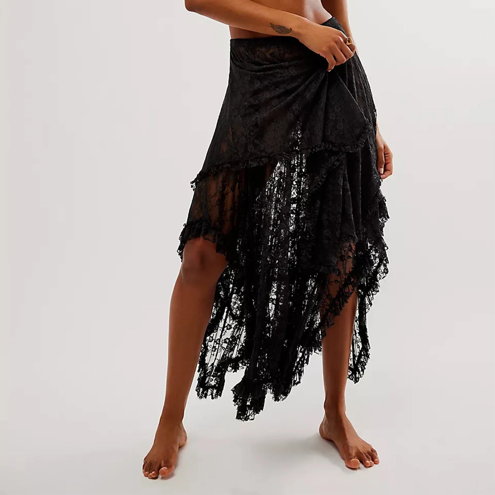 Aiertu  -  Floral Lace Long Skirt for Women Y2K Elastic Waist Asymmetrical Layered Maxi Skirt Sexy See Through Flowy Beach Skirt Aiertu