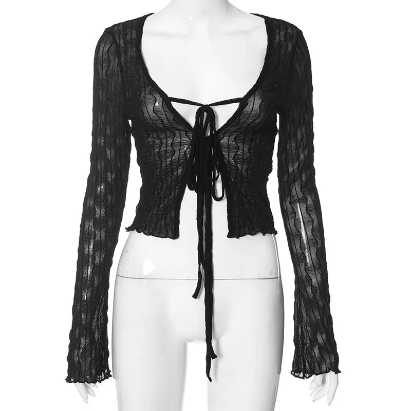 Aiertu  -  Crew Neck Sheer Mesh Low Cut Long Sleeves Bandage Lace Up T-Shirt Crop Top Spicy Girl Vintage Fashion Autumn Streetwear Aiertu