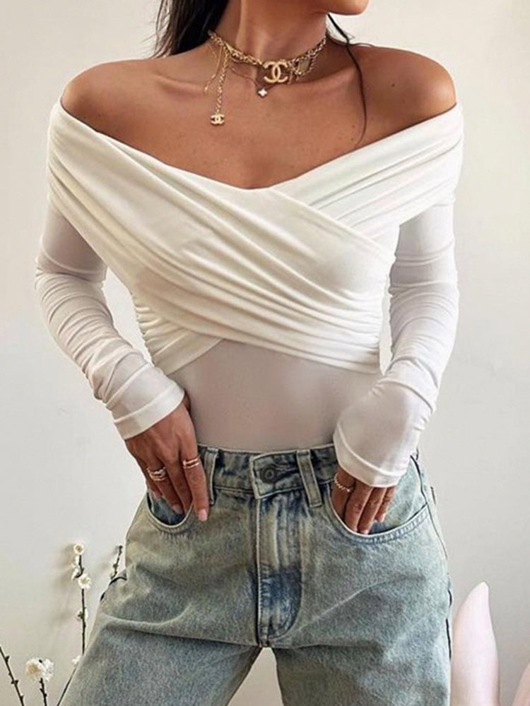 Aiertu - summer inspo Black Solid Off Shoulder Cross Elegant Sexy Slim Long Sleeve T-Shirt Women White Basic Cropped Tee Aiertu