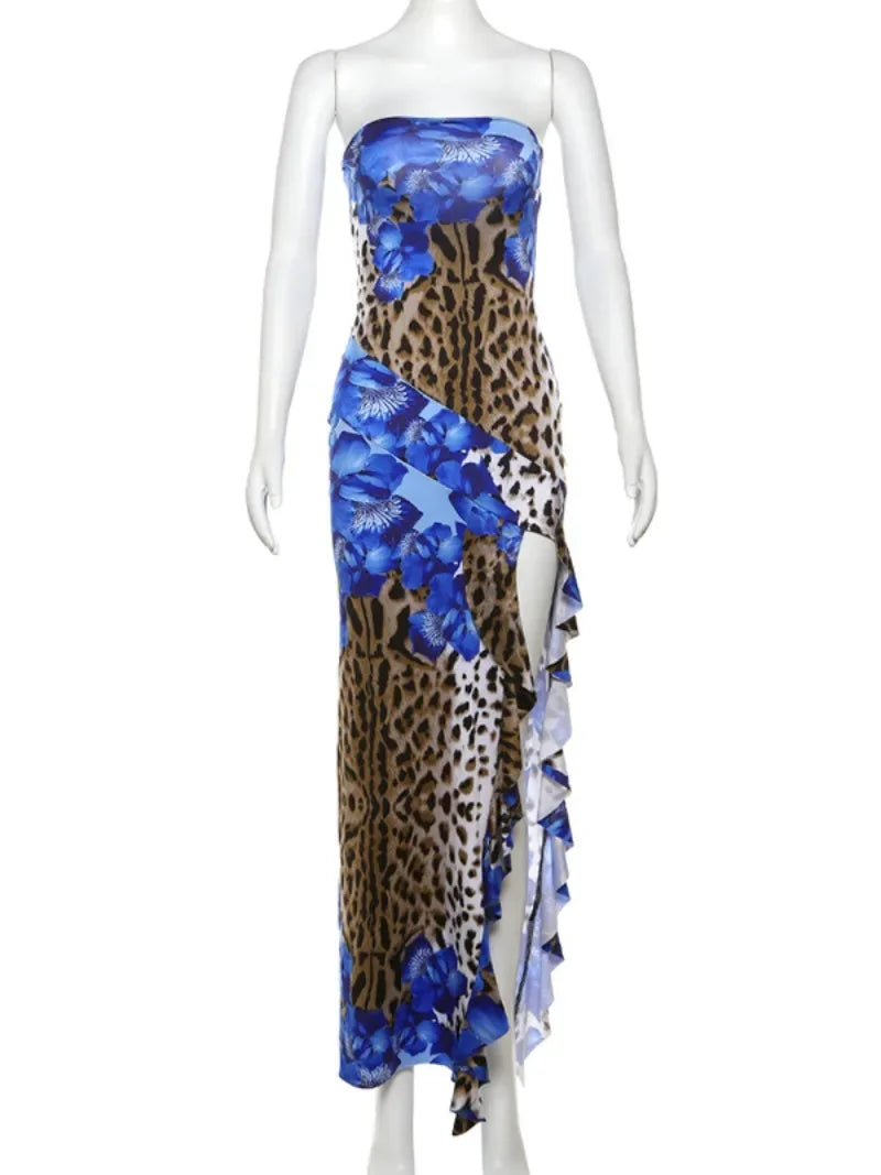 Aiertu  -  Fashion Women Strapless Floral Dresses 2026 Sexy Sleeveless Leopard Printed High Waist Ruffles Split Long Party Holiday Dress Aiertu
