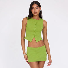 Aiertu  -  Round Neck Sleeveless Green Buttons Crop Top Mini Hip Skirt Summer Urban Leisure Sweet Flirtation Chic Two Pieces Set Aiertu