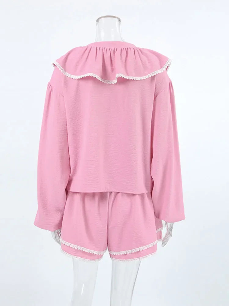 Aiertu  -  Lace Ruffled Tops Shorts Fashion Set Ladies Pajamas Home Clothes Fashion Long Sleeve Top Cotton Casual Matching Sets Fall Aiertu