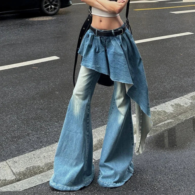 Aiertu Blue Fake Two-piece Jeans Female Autumn and Winter New Retro Niche Design Sense Irregular Skirt Flared Pants Wide-leg Pants Aiertu