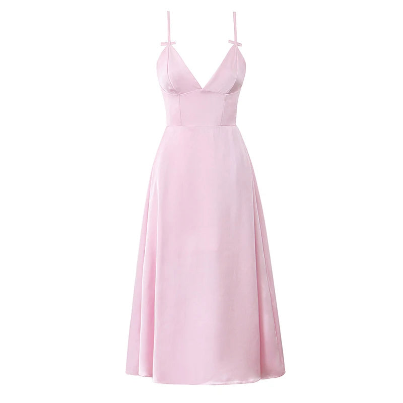Aiertu  -  Women Satin Pink Sexy Elegant Dress Thin Straps V Neck A-line Midi Evening Party Dresses Aiertu