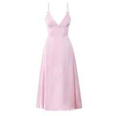Aiertu  -  Women Satin Pink Sexy Elegant Dress Thin Straps V Neck A-line Midi Evening Party Dresses Aiertu