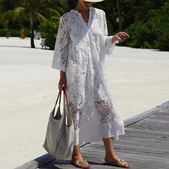 Aiertu  -  2025 Lady Fashion Vacation Long Dress White Women's V Neck Lace Embroidered Party Dress Elegant 3/4 Sleeve Patchwork Loose Dress Aiertu