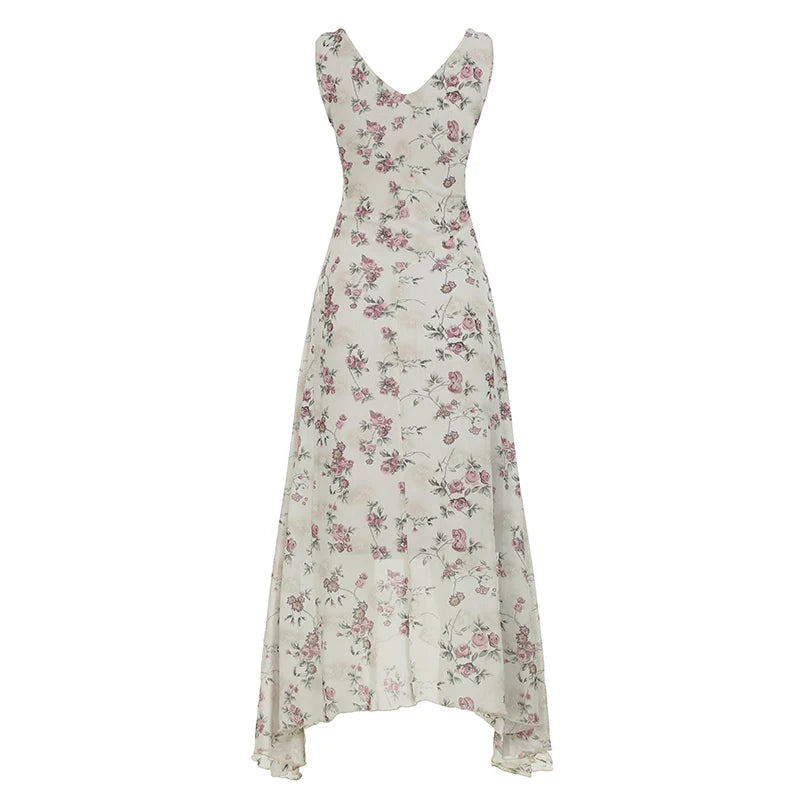 Aiertu  French Chic Elegant Flower Print Women Dress Lace Trim Ruched Slim Long Dress Summer New Clothes Aiertu