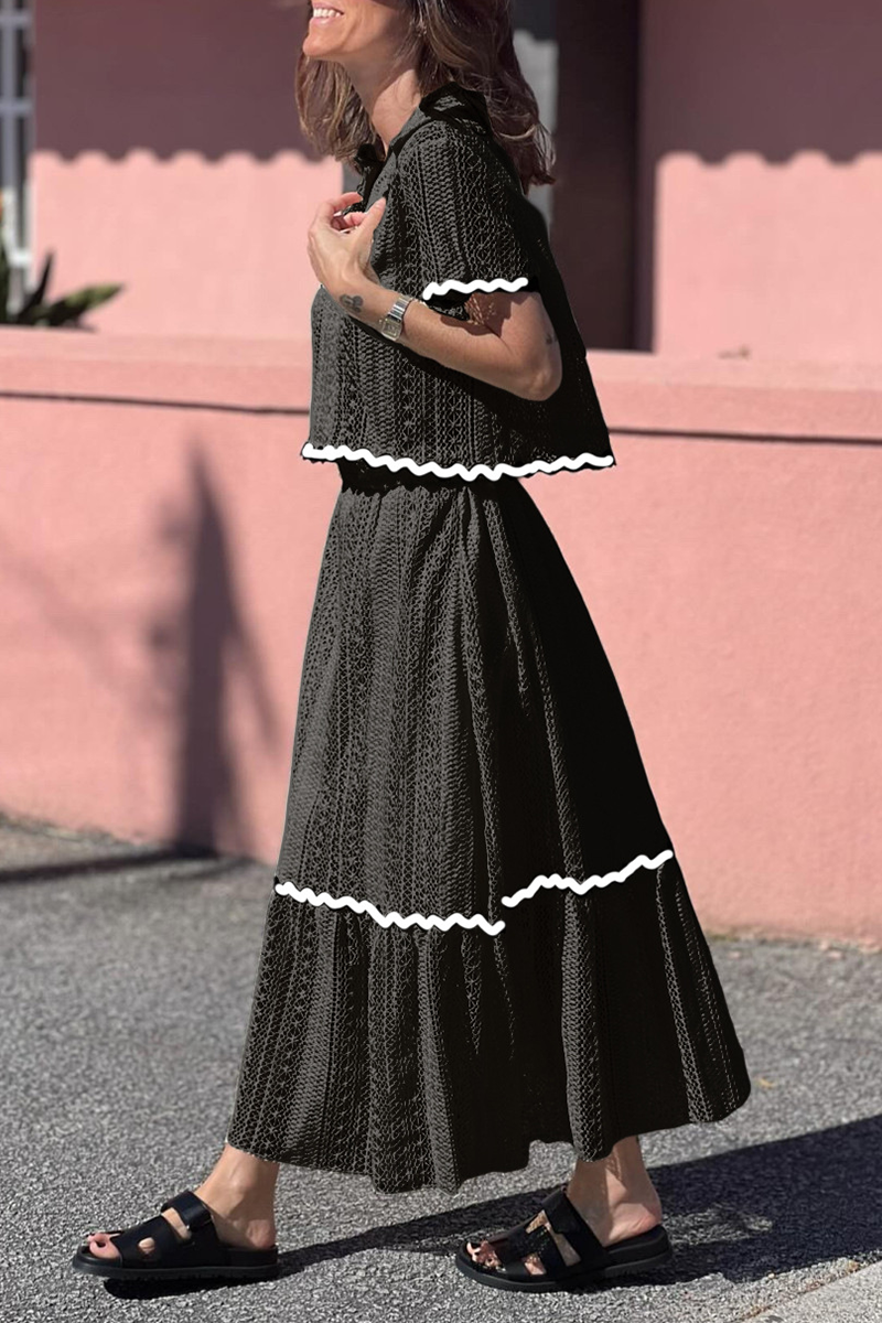 Aiertu  -  Daily Elegant Solid Color Hollow Out Patchwork Contrast Turndown Collar Short Sleeve Two Pieces(3 Colors) Aiertu