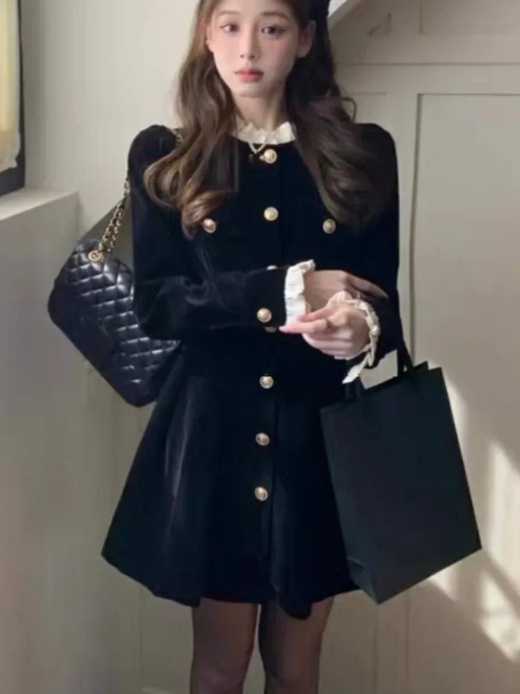 Aiertu  -   party look snspos Autumn Black Velvet Dresses for Women Long Sleeve Single Breasted Evening Party Dress Korean Fashion A-line Vestido Mujer New Aiertu
