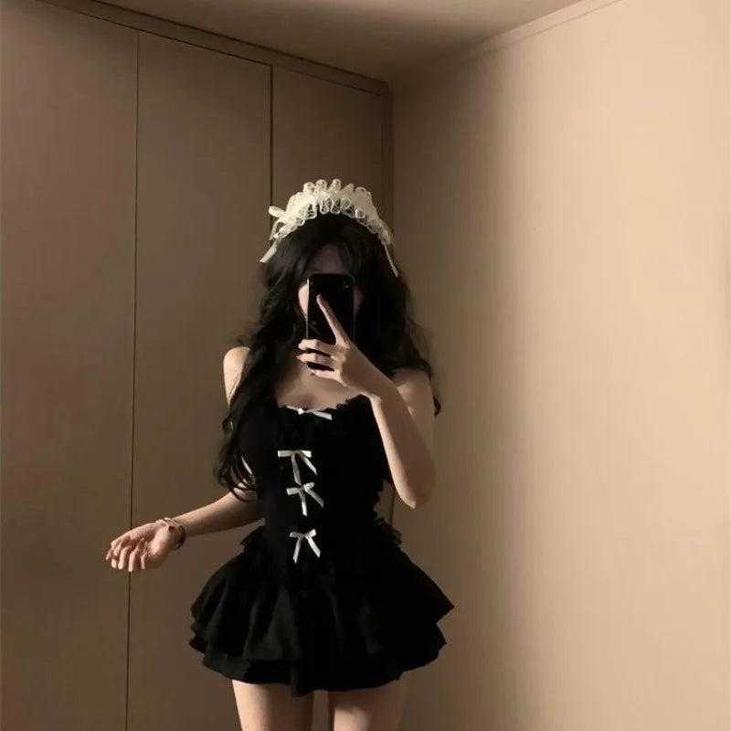 Aiertu  -  Sexy High Street Black Two Piece Sets Y2k Aesthetic Patchwork Lace Slim Bow Design Tank Top Punk A-line Tiered Girl Skirts Aiertu