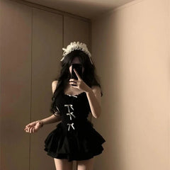 Aiertu  -  Sexy High Street Black Two Piece Sets Y2k Aesthetic Patchwork Lace Slim Bow Design Tank Top Punk A-line Tiered Girl Skirts Aiertu