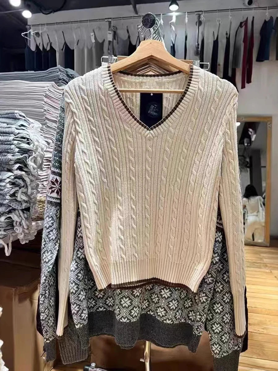 Aiertu  -  Classic Twisted Long Sleeve Sweater Women Contrast V Neck Knitted Pullover Tops Winter New American Vintage Preppy Style Jumper Aiertu