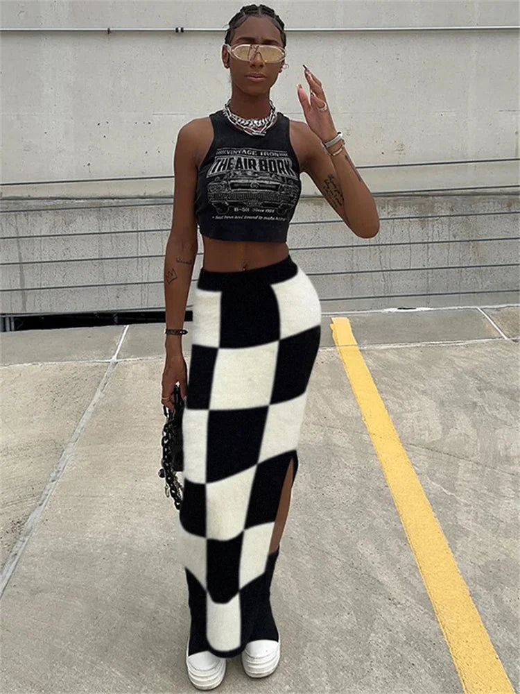 Aiertu  -  Classic Women Skirts Checkerboard Knit Side Split Skinny Vintage Fashion Wild Streetwear High Waist Maxi Straight Skirt Aiertu