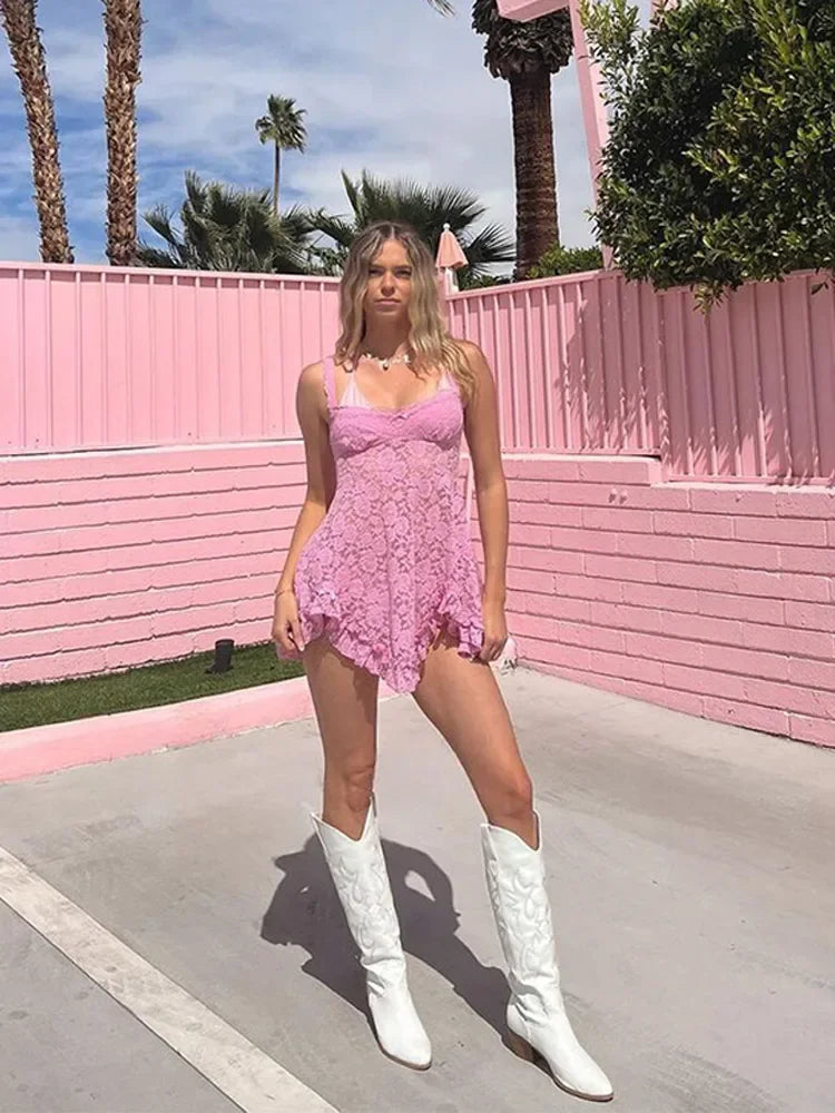 Aiertu  -  Fashion Pink Floral Printed Hollow Out Women Sling Dress Chic Sexy Sleeveless Ruffles Hem Mini Vestidos New Evening Party Wear Aiertu