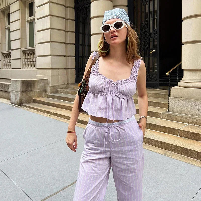 Aiertu  -  Casual Striped Ruffles Top Pants Suit Women Lace-up Sleeveless Pleated Vests Loose Wide Leg Trouser 2026 New Lady Set Streetwear Aiertu