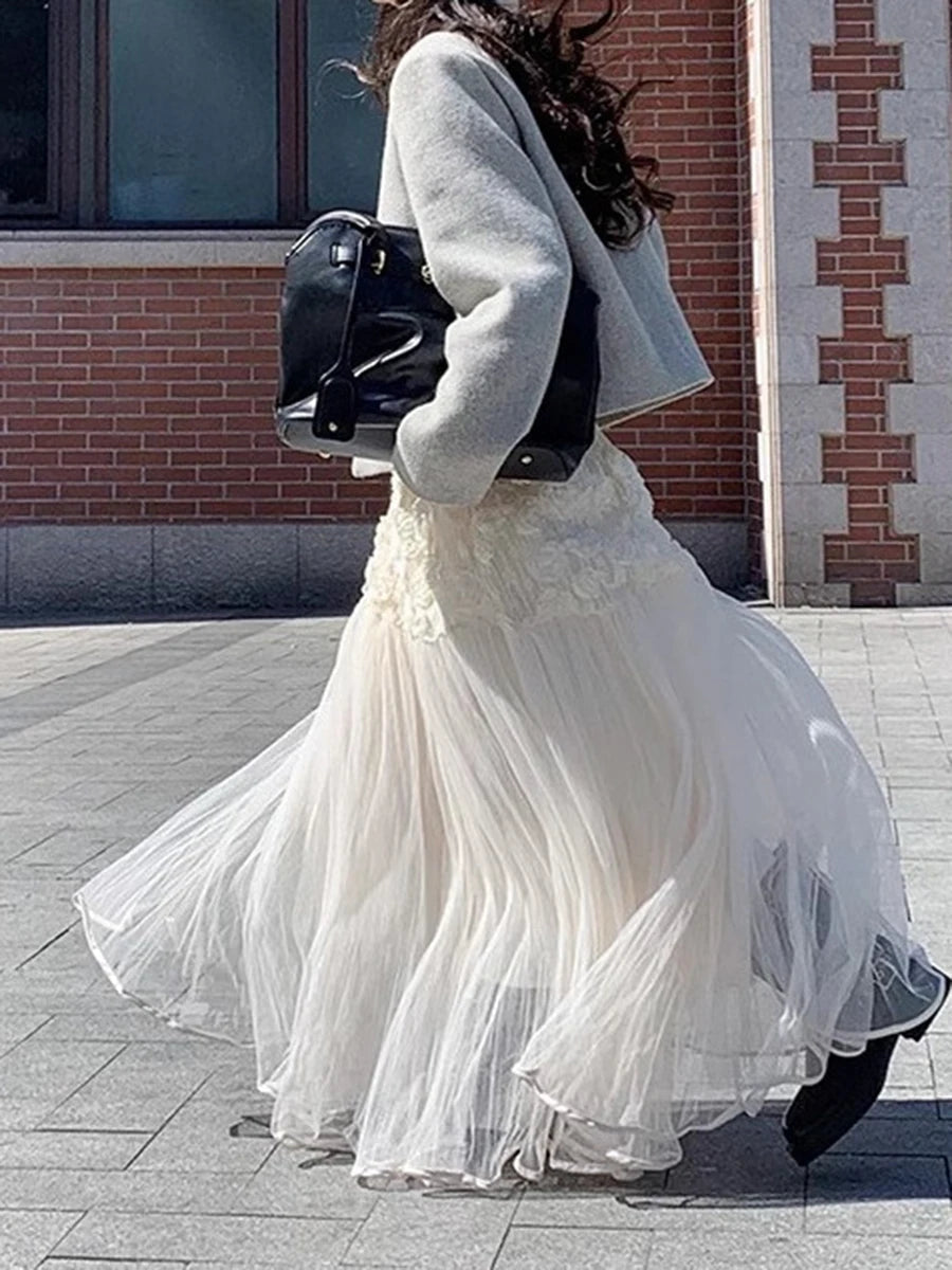 Aiertu  -  3D Flower Mesh Long Skirt Women Korean Fashion Elastic Waist A-line Faldas Spring Casual Elegant Simple Midi Skirts 2025 New Aiertu