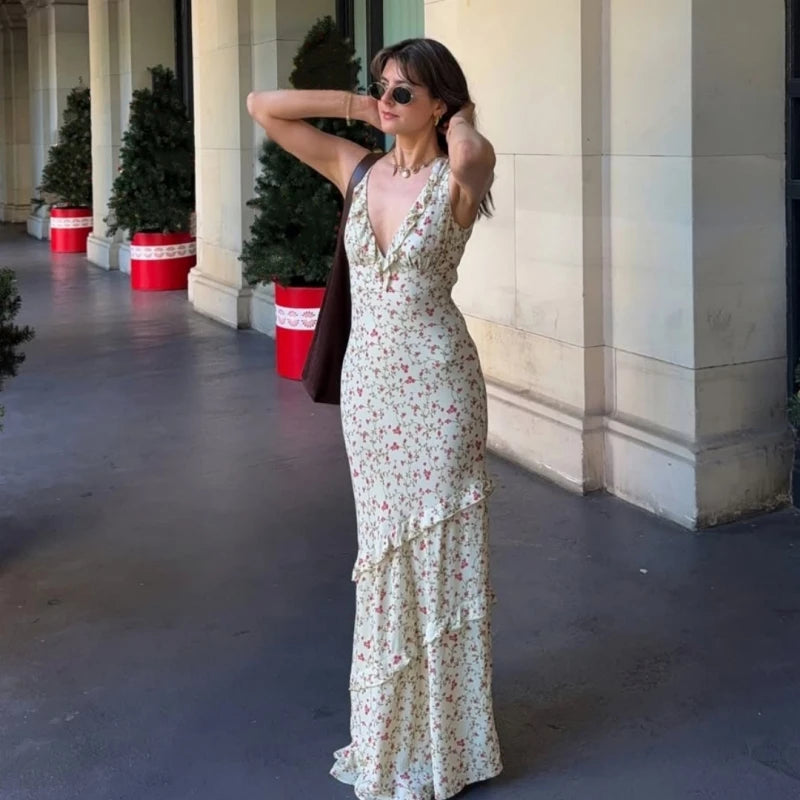 Aiertu  Floral Print Sexy V Neck Ruffles Elegant Bodycon Maxi Dresses Spring Fashion Holiday Streetwear Party Women Vestidos Aiertu