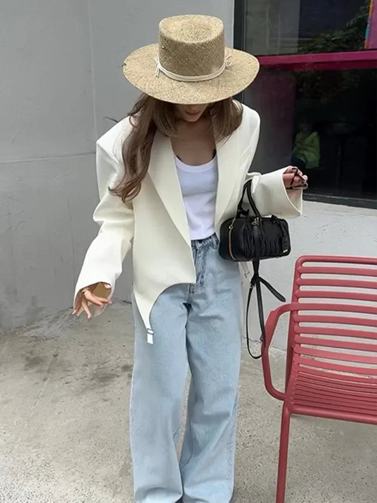 Aiertu  -  Fashion White Irregular Suit Jacket For Women Elegant Lapel Long Sleeve Short Blazer Coat 2026 Chic Lady Street Outerwear Aiertu