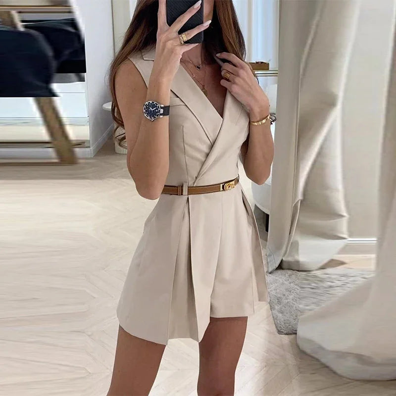 Aiertu  -  Elegant Belt Sleeveless Women's Jumpsuit V-Neck Waist One-Piece Shorts Romper Female 2026 Spring Summer Solid Lady Playsuit Aiertu